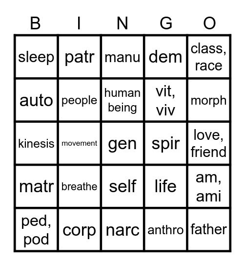 Root Set 1 Bingo Card