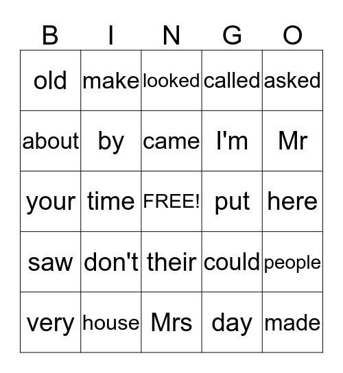 High Frequency Words Bingo Card