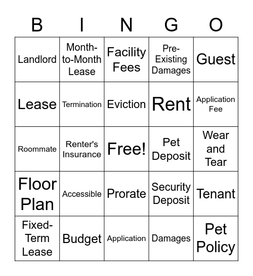 Apartment Rental Vocabulary Bingo Card