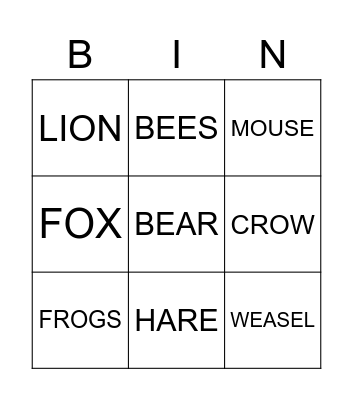 Aesop's Animals Bingo Card