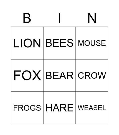 Aesop's Animals Bingo Card