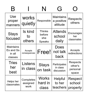 Jaylah's Bingo Card Bingo Card