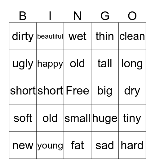 adjectives Bingo Card