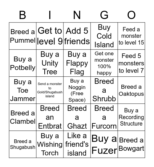 My Singing Monsters Plant Island Bingo Card