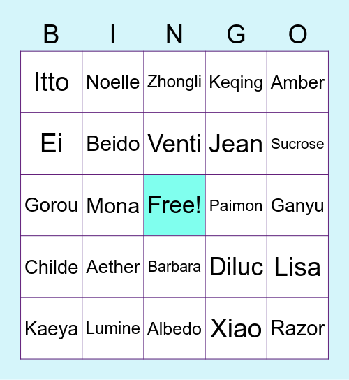 Genshin Cosplay Bingo Card