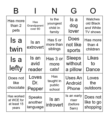 PEOPLE Bingo Card