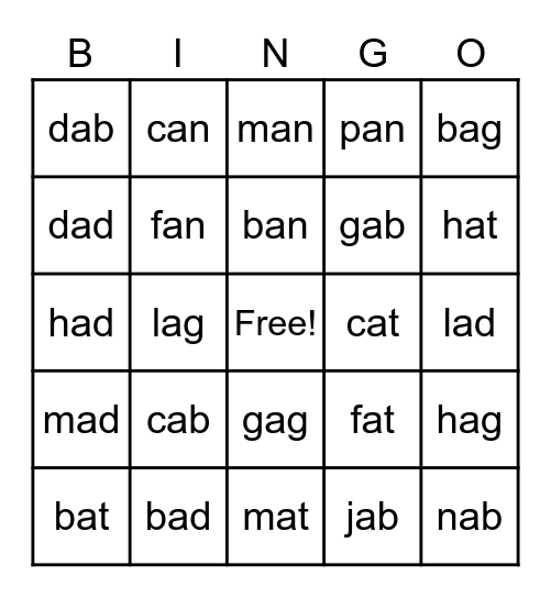 CVC words for ab,ad,an,at,ag Bingo Card
