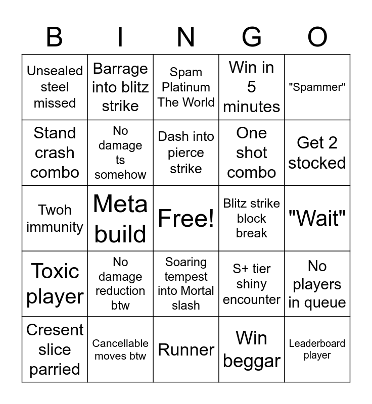 Silver Chariot Requiem Bingo Card