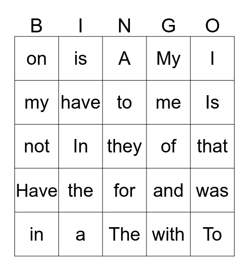 Sight Word Bingo Card