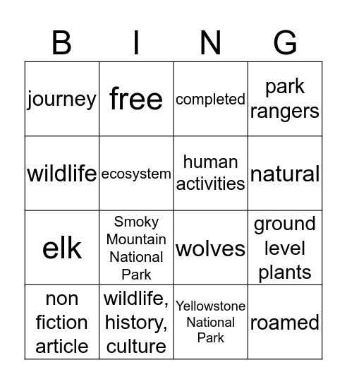 4.1.3 Animals Come Home to Our National Parks Bingo Card