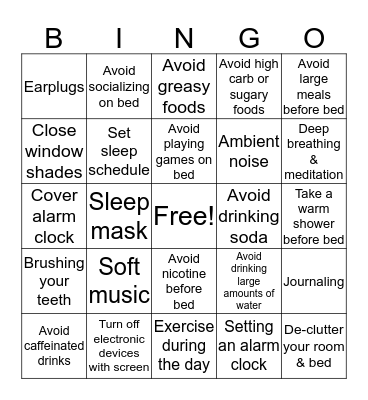 Sleep Hygiene Bingo Card