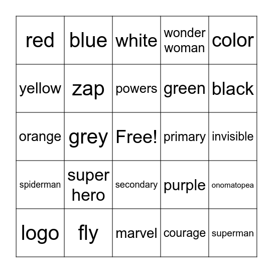 Superhero Bingo Card