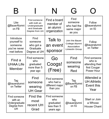 Cougar Power Hour Bingo Card