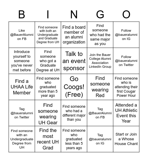 Cougar Power Hour Bingo Card