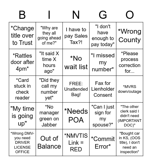 DMV Bingo Card