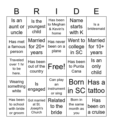 Meghan & Kevin Fall In Love Bingo Card