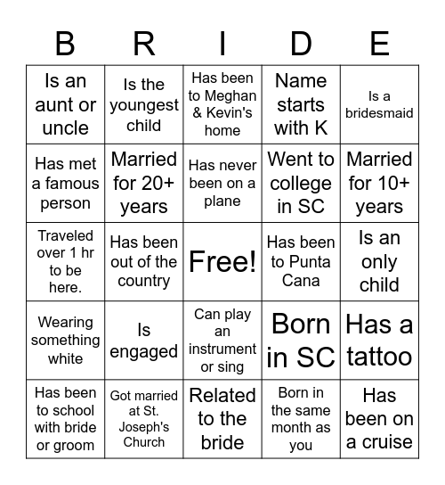 Meghan & Kevin Fall In Love Bingo Card