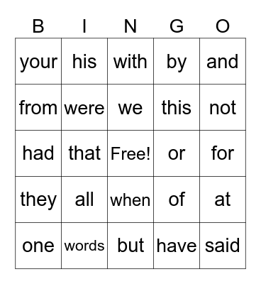 Sight Words 1-40 Bingo Card