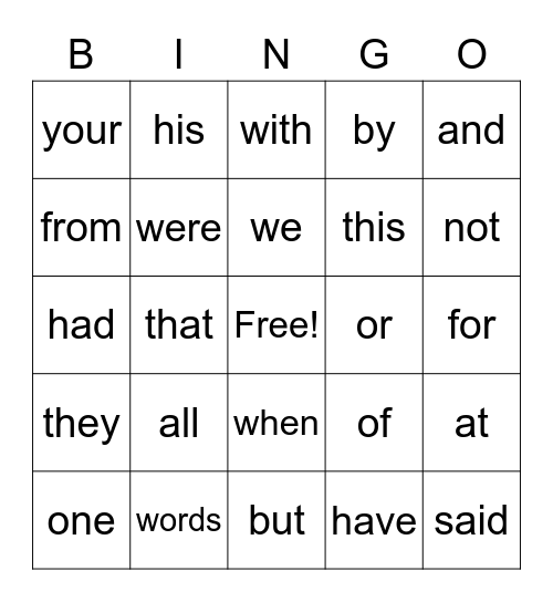 Sight Words 1-40 Bingo Card