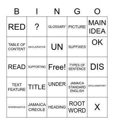 ENGLISH LANGUAGE Bingo Card