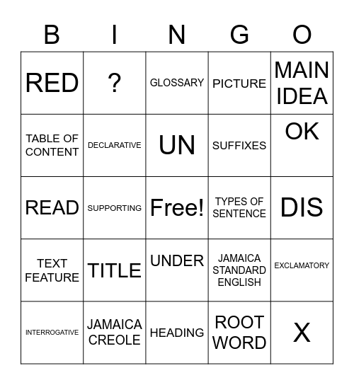 ENGLISH LANGUAGE Bingo Card