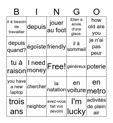 FRENCH Bingo Card