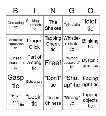 Tourette's Bingo Card