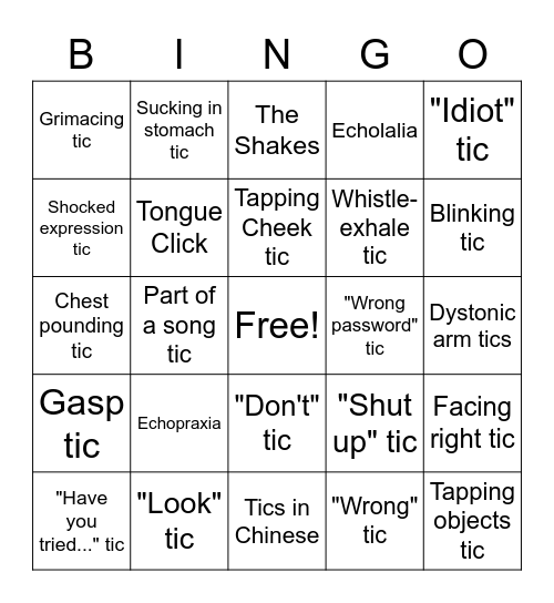 Tourette's Bingo Card