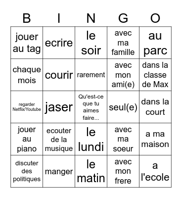 Qu'est-ce que tu aimes faire... 7/8 Bingo Card
