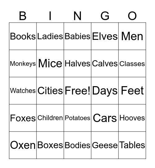 Plural Nouns Bingo Card