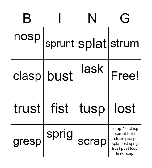 3 letter S-blends/Final S-blends Bingo Card