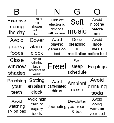 Sleep Hygiene Bingo Card