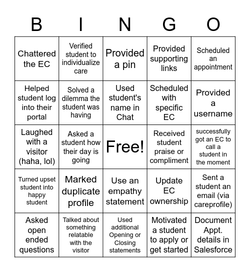 Live Chat Bingo Card