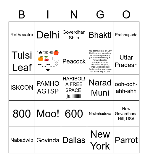 Hare Krishna ISKCON bingo Card