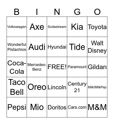 Super Bowl Commercial Bingo 2013 Bingo Card