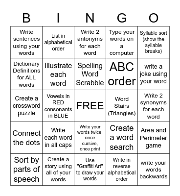 Spelling Bingo Card