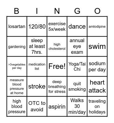 High Blood Pressure BINGO Card