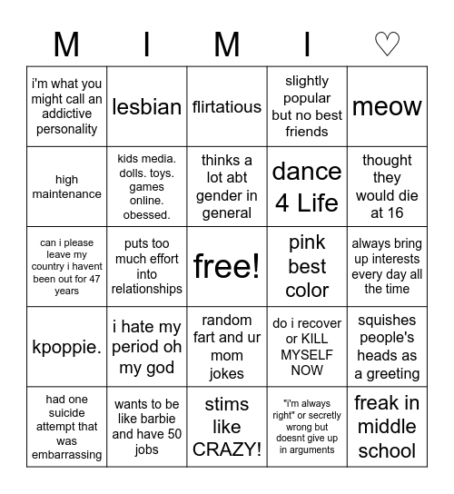 mimi bingo are u mimicore mimimim Bingo Card