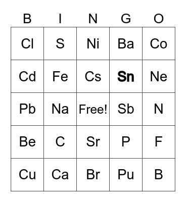 Periodic Table Bingo Card