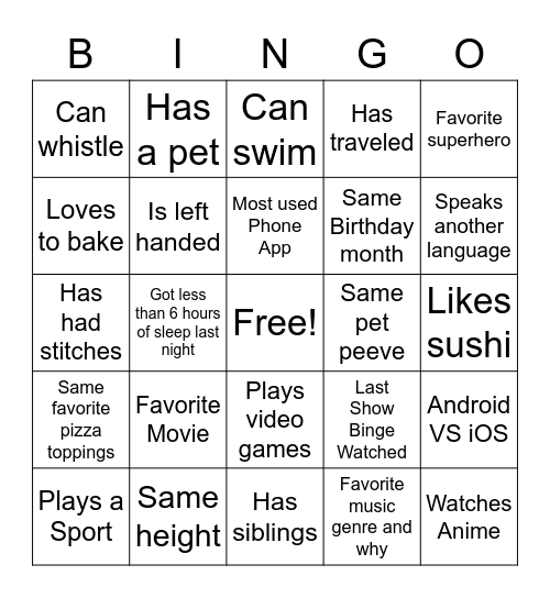 Intro Bingo Card