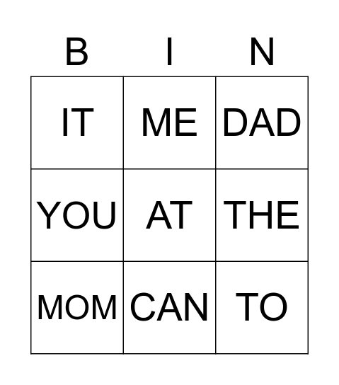 TODDLER SIGHT WORDS Bingo Card