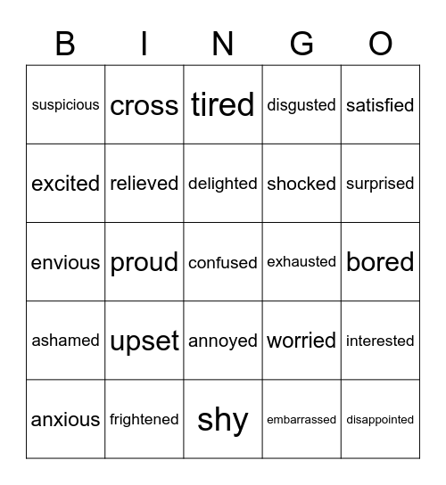 ADJECTIVES OF FEELINGS Bingo Card