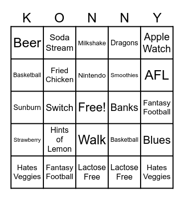 Konny's 30th Bday Bingo Card