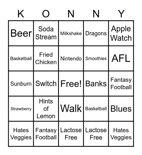 Konny's 30th Bday Bingo Card