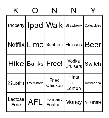 Konny's 30th Bday Bingo Card