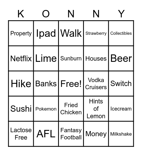 Konny's 30th Bday Bingo Card