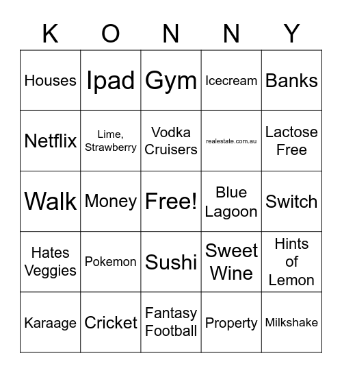 Konrad's 30th Birthday Bingo Card