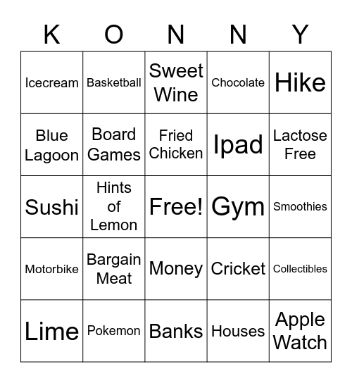 Konrad's 30th Birthday Bingo Card