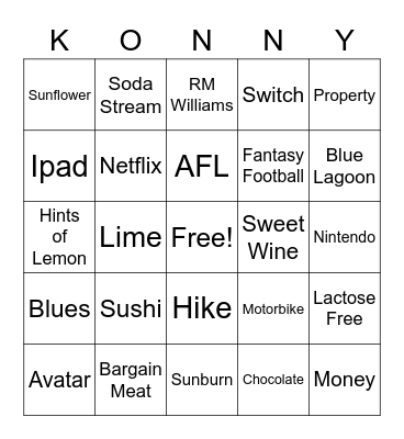 Konrad's 30th Birthday Bingo Card