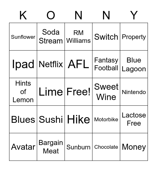 Konrad's 30th Birthday Bingo Card